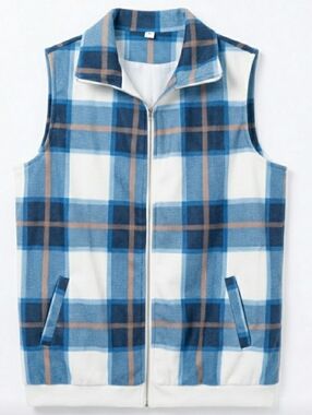 Womens vest med blue plaid fleece zip-up w/pockets.